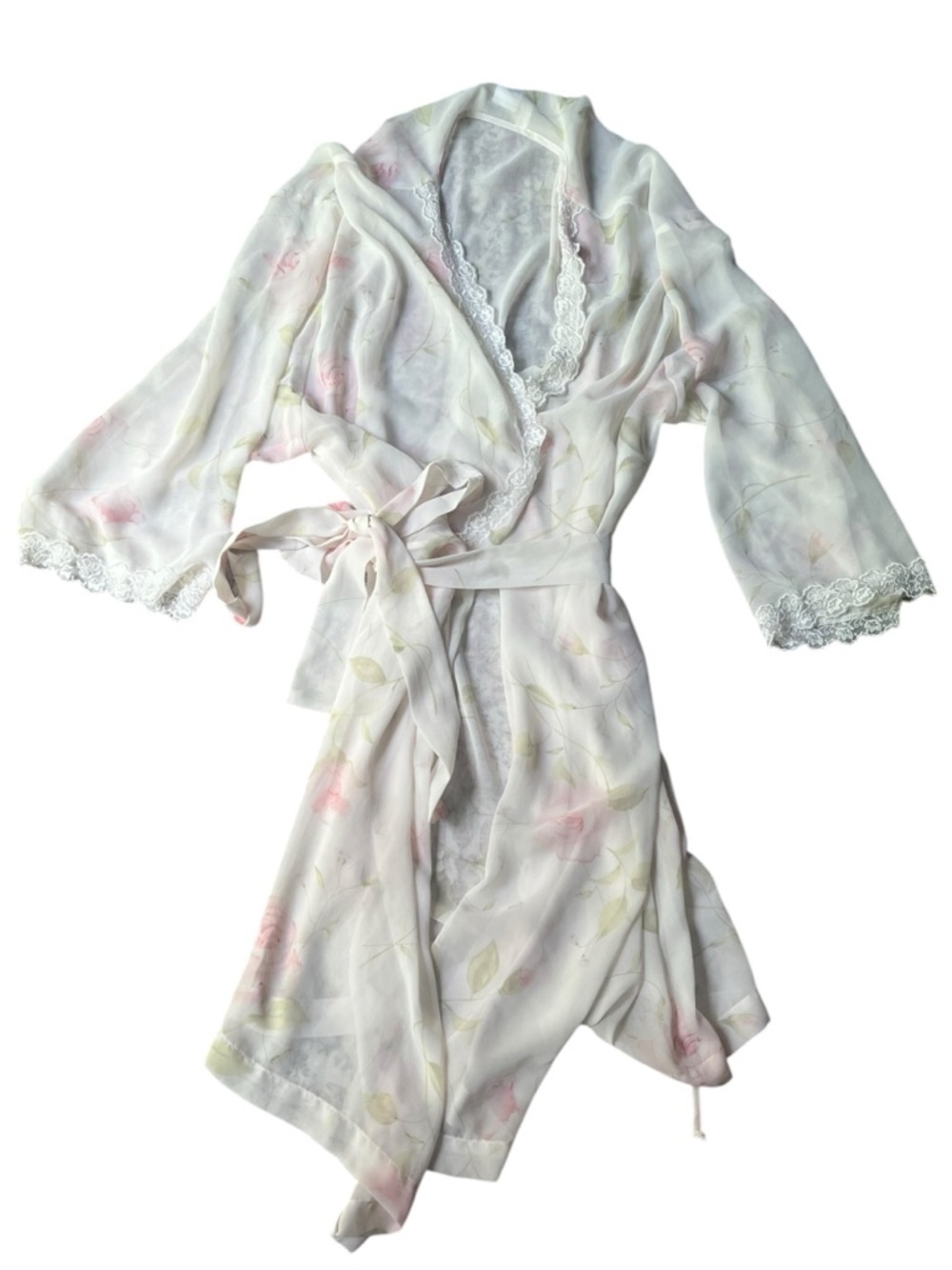 Vintage 90s/00s Sheer Floral Lace-Trim Robe - White with Pastel Pink & Green